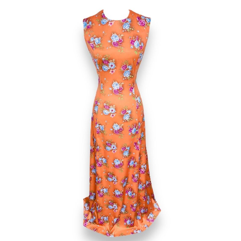 Vintage 1970s Womens Coral Floral Sleeveless Disco Studio 54 Maxi Dress Medium